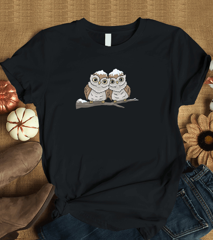 Christmas Owls Snow Birds Cuddling Winter Branch T-Shirt