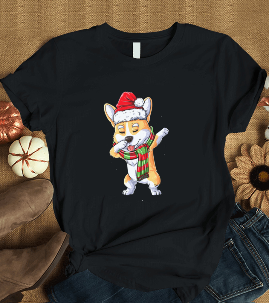 Corgi Christmas Dab with Santa Hat and Festive Scarf for Dog Lovers T-Shirt