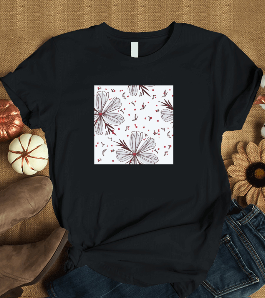 Floral Blossom Pattern with Red Accents T-Shirt