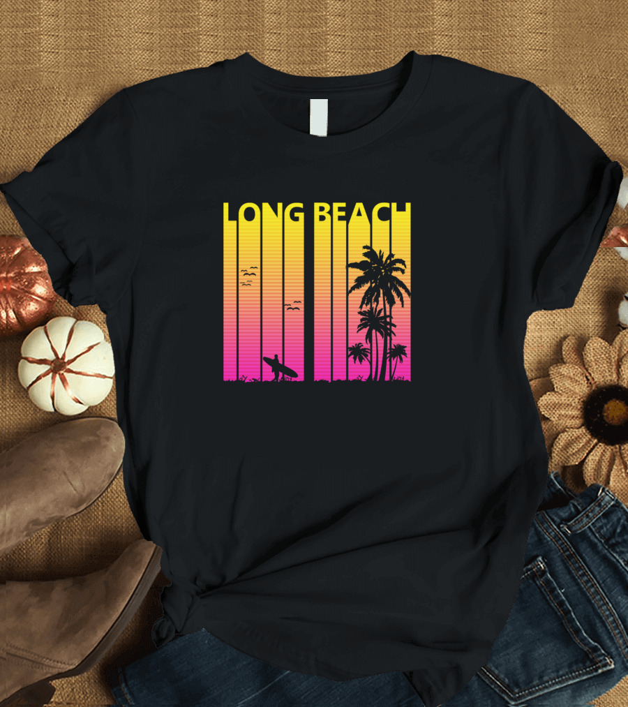 Long Beach 1980s Retro Sunset Skyline with Palms and Surfer T-Shirt