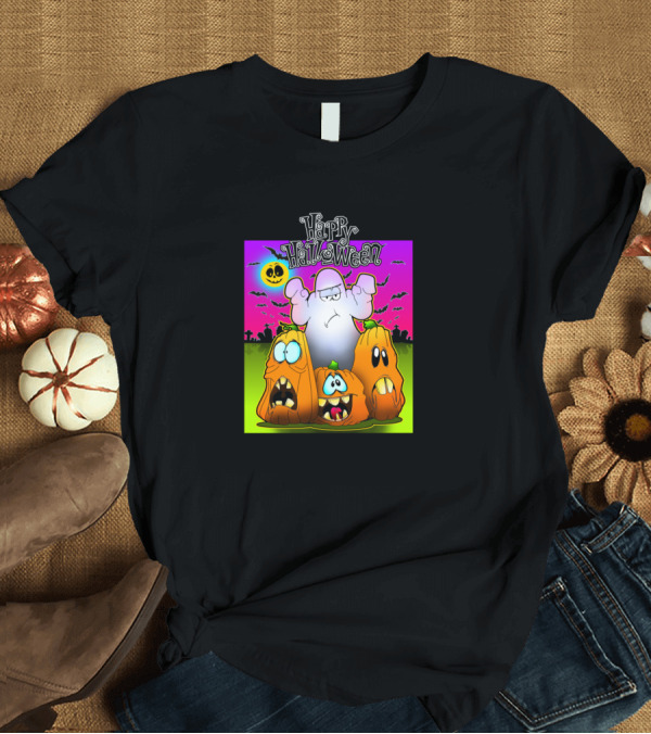 T-Shirt: Happy Halloween Ghost and Scared Pumpkins T-Shirt Happy Halloween Ghost and Scared Pumpkins T-Shirt