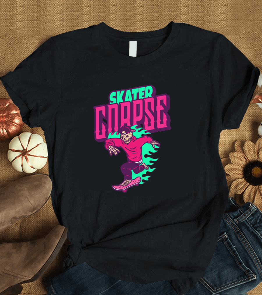 Skater Corpse Skeleton Skateboarding Flame T-Shirt