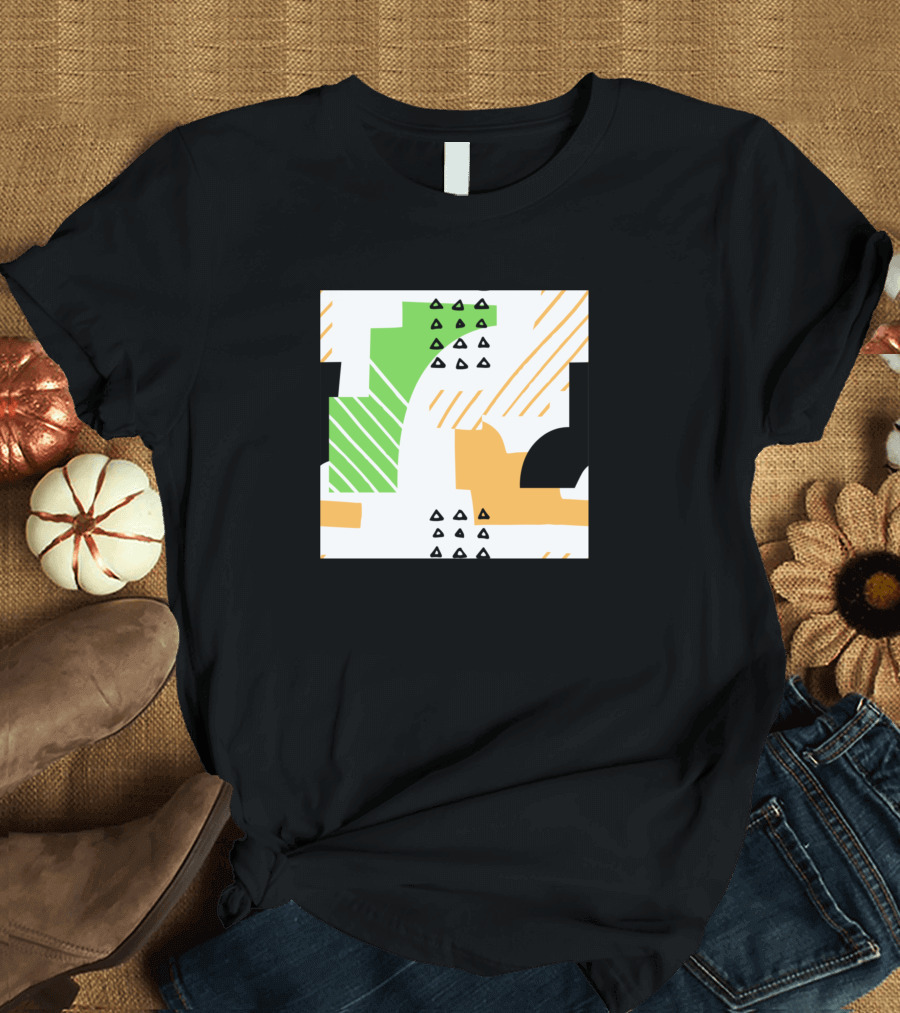 Stripped Shaped Patterns Geometric Abstract Triangles Green Orange Black T-Shirt