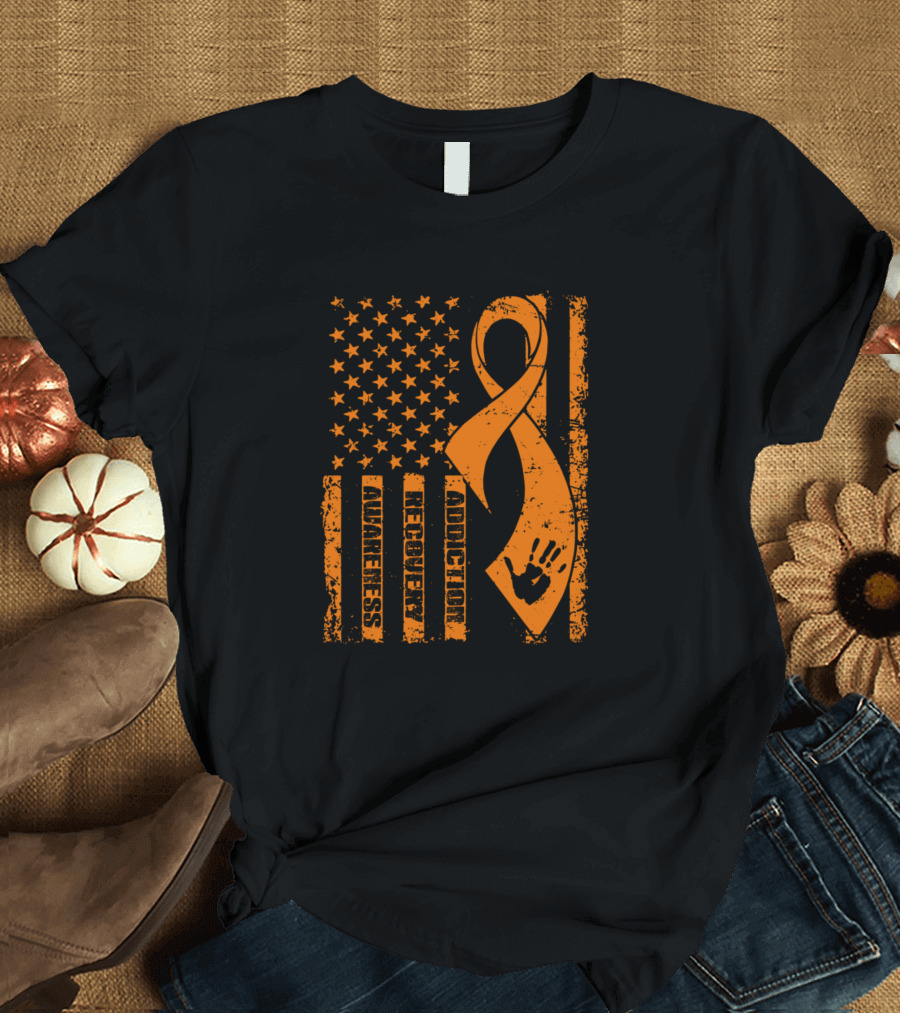 Addiction Awareness Recovery Flag Ribbon and Handprint T-Shirt