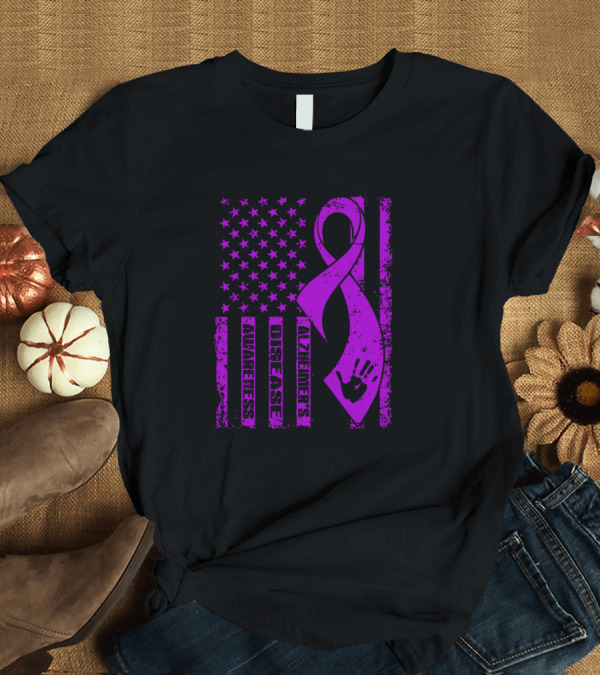 T-Shirt: Alzheimers Disease Awareness Purple Ribbon Flag with Handprint T-Shirt Alzheimers Disease Awareness Purple Ribbon Flag with Handprint T-Shirt