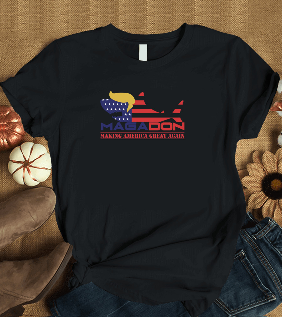 Magadon Shark with Flag Colors and Trump Hair Making America Great Again T-Shirt