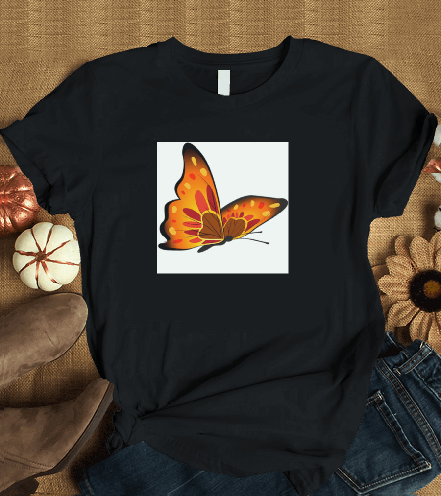 Orange Brown Coral Yellow and Black Butterfly on White Square T-Shirt