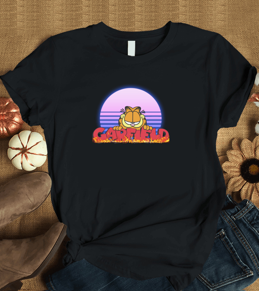 Garfield Retro Sunset Fire Text T-Shirt