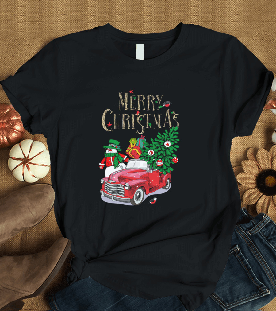 Merry Christmas Snowman and Red Car with Christmas Tree and Presents T-Shirt