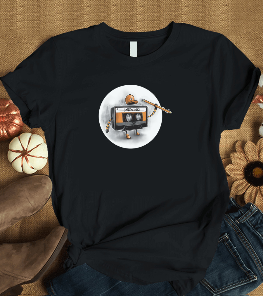Rewind Cassette Tape Character with Pencil Hat T-Shirt