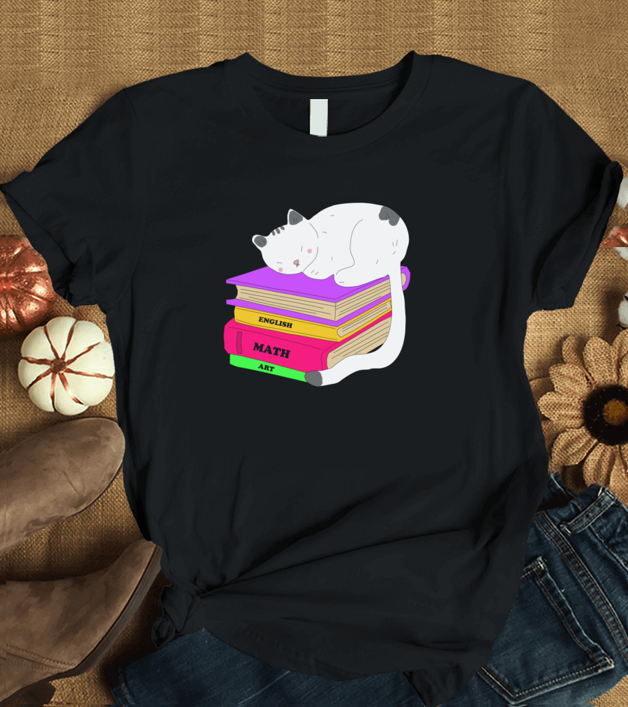 Cat Sleeping on English Math Art Books T-Shirt