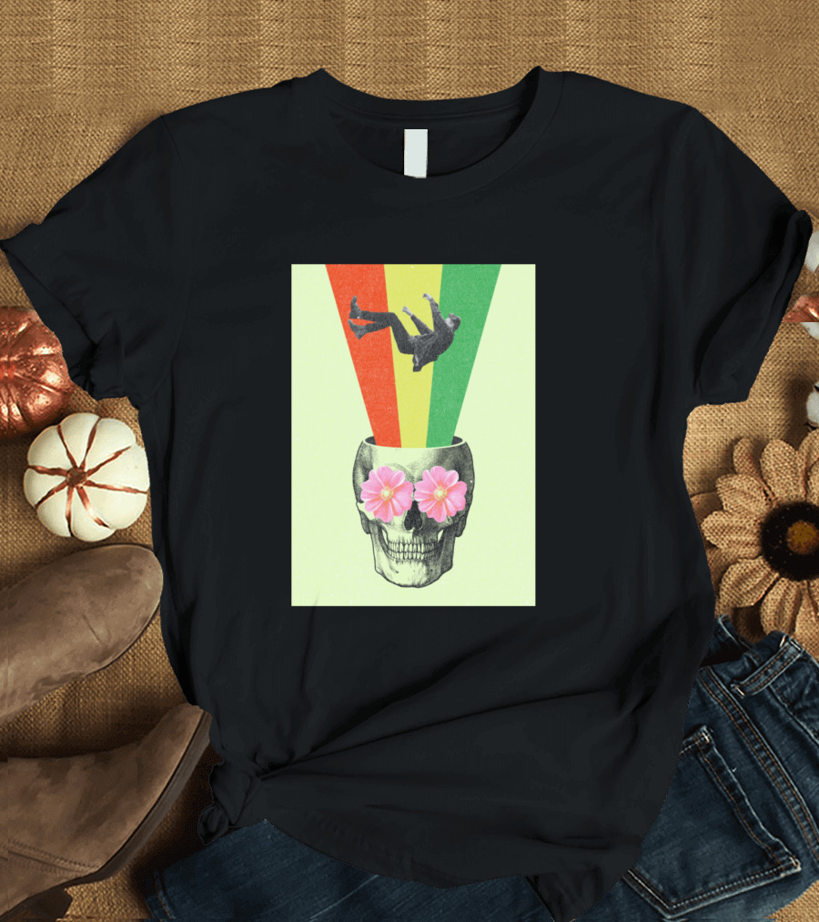 Falling Skull with Flowers and Rainbow Beams T-Shirt