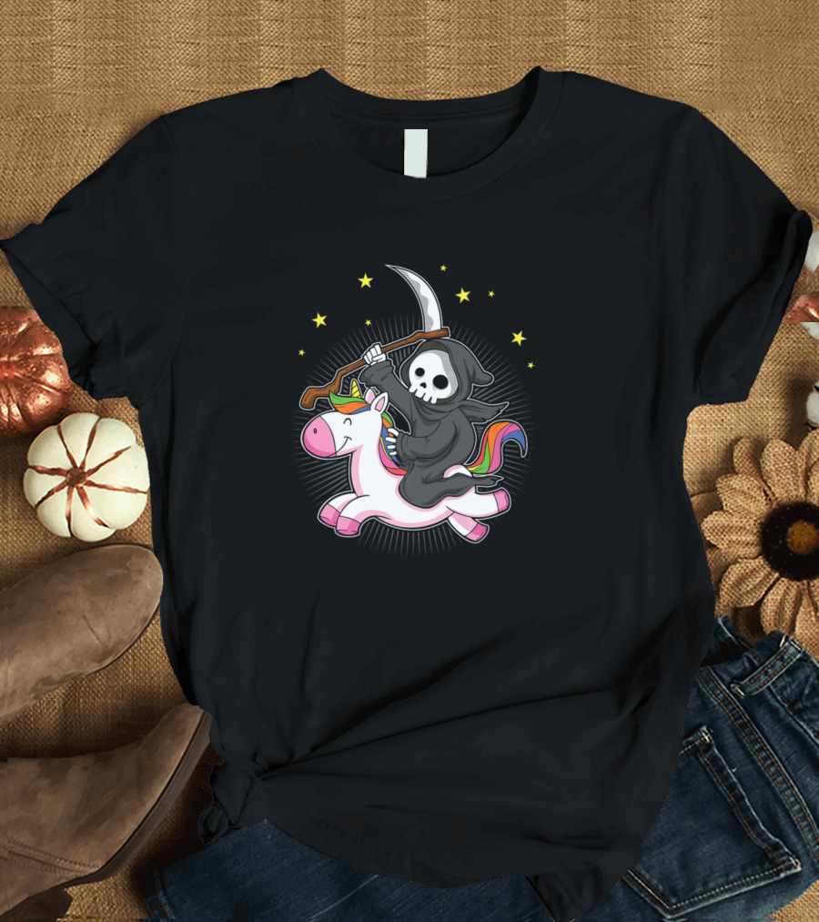 Grim Reaper Riding A Unicorn Surrounded by Stars T-Shirt