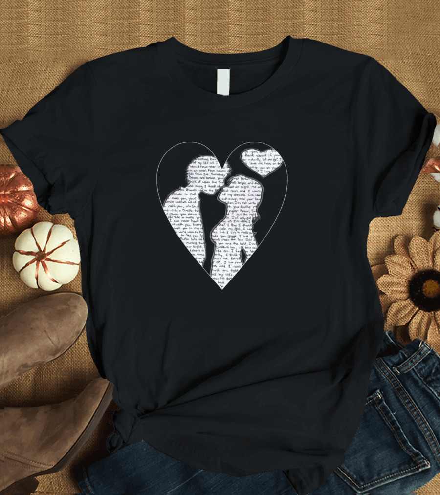 Lovers Silhouette Embraced in Heart with Romantic Text T-Shirt