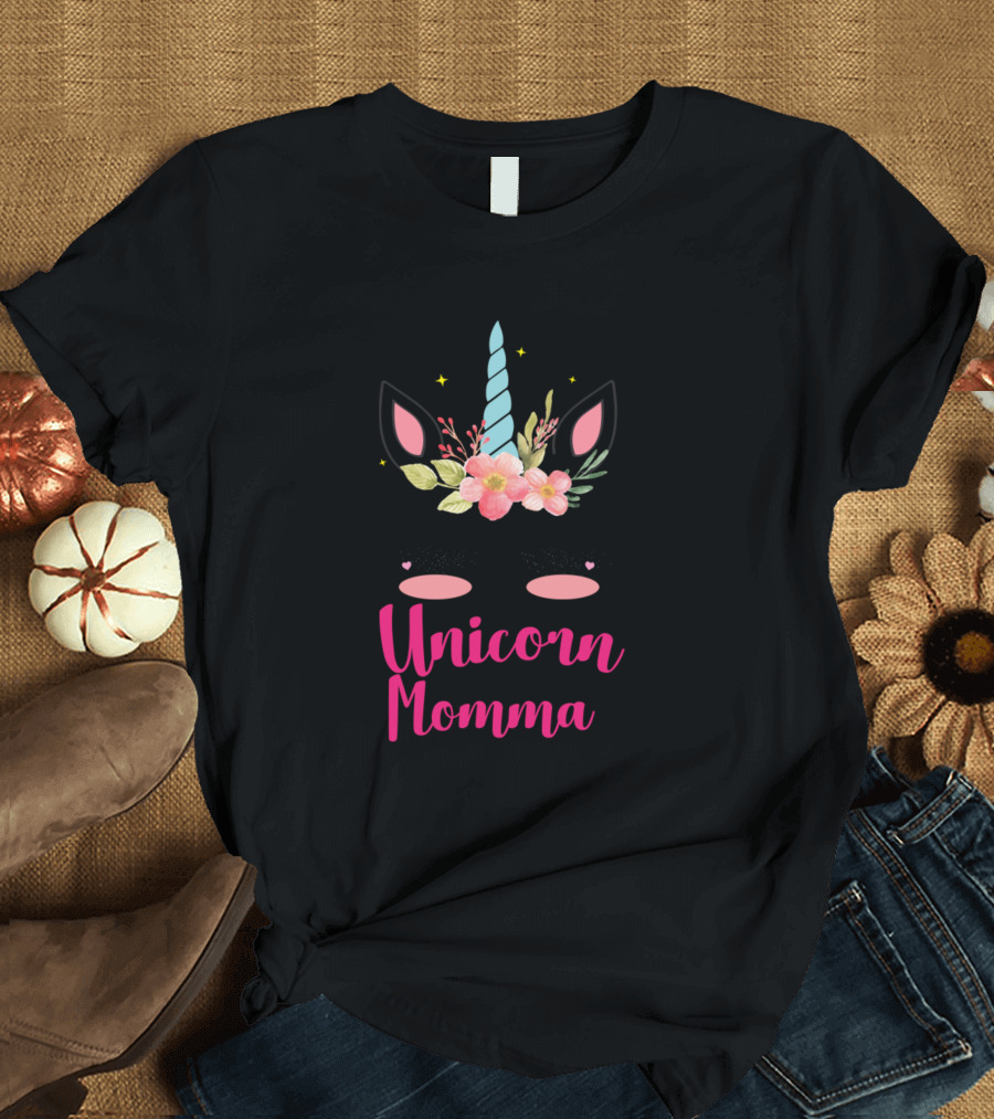 Unicorn Momma Floral Horn and Ears with Stars T-Shirt