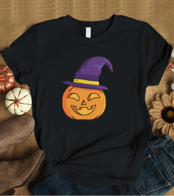 T-Shirt: Witch Pumpkin Grinning Jack o' Lantern with Purple Hat T-Shirt Witch Pumpkin Grinning Jack o' Lantern with Purple Hat T-Shirt