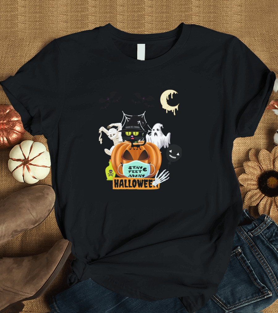 Cute Cat Halloween Pumpkin Face Mask Stay 6 Feet Away with Ghosts and Bats T-Shirt