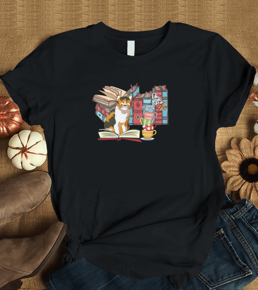 Bookend Kittens Surrounded by Stacked Teacups and Books for Cat and Tea Lovers T-Shirt