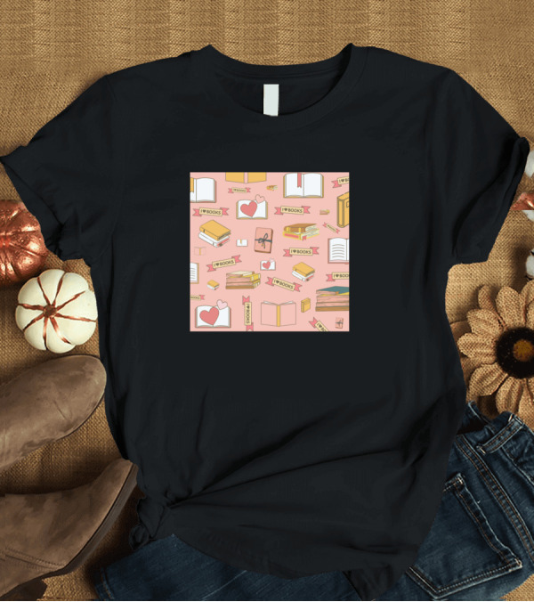 T-Shirt: I Love Books Heart Pattern Bibliophile Reader Lover T-Shirt I Love Books Heart Pattern Bibliophile Reader Lover T-Shirt