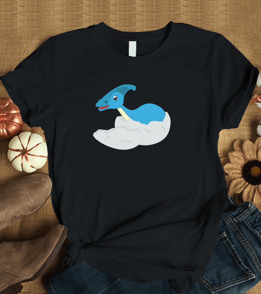 Cartoon Blue Dinosaur Hatching from Eggshell T-Shirt