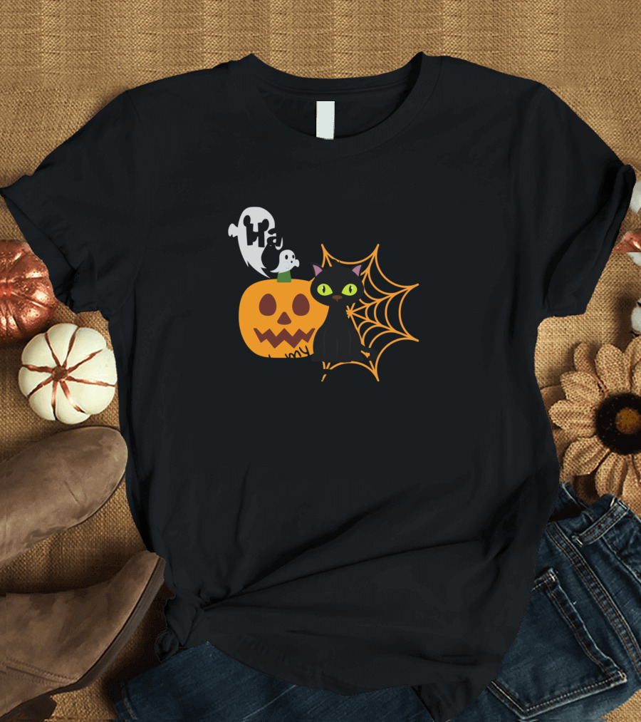 Halloween With My Cat Funny Cat Kitty Pumpkin Ghost Spiderweb T-Shirt