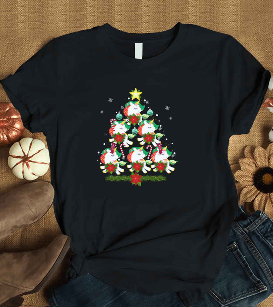 Christmas Tree Unicorn Holiday Magic Stacked Unicorns and Candy Cane Ornaments T-Shirt