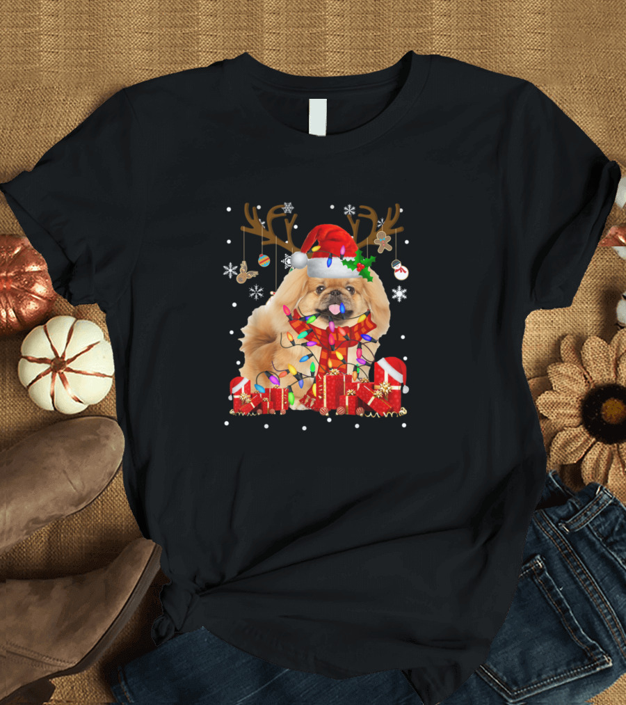 Funny Christmas Pekingese Dog with Reindeer Antlers and Lights T-Shirt