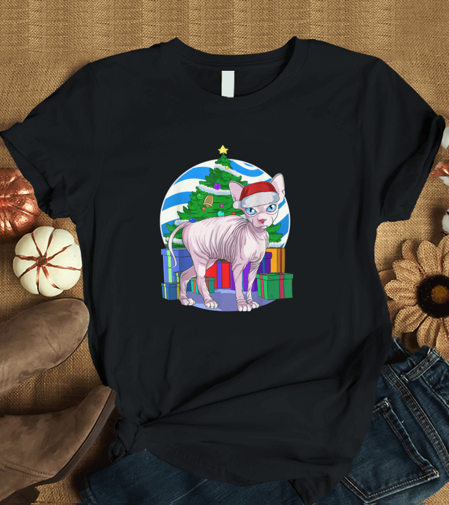 Sphynx Cat Santa with Presents and Christmas Tree Decor T-Shirt
