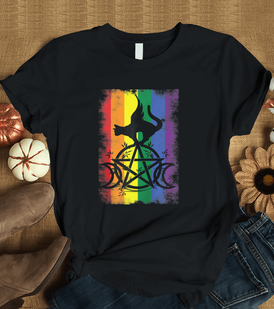 Gay Witch Pride Rainbow Flag with Triple Moon Pentacle Cat T-Shirt