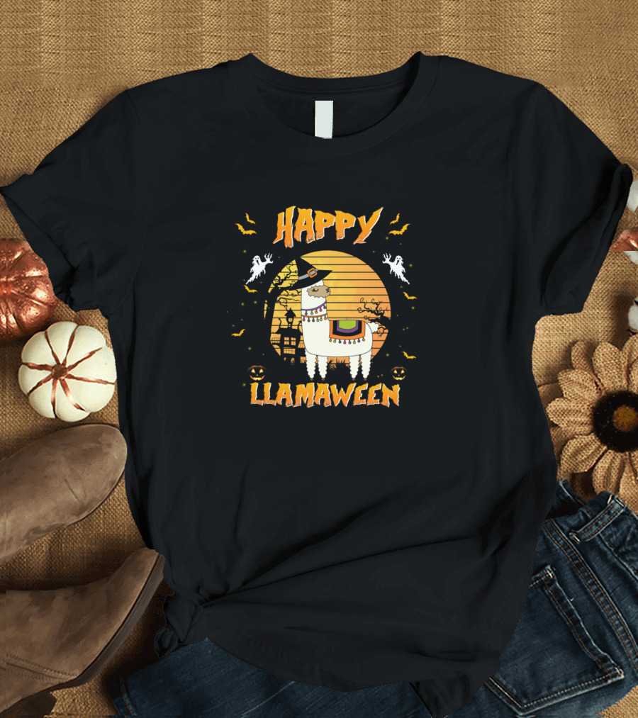 Happy Llamaween Halloween Ghosts and Pumpkins T-Shirt