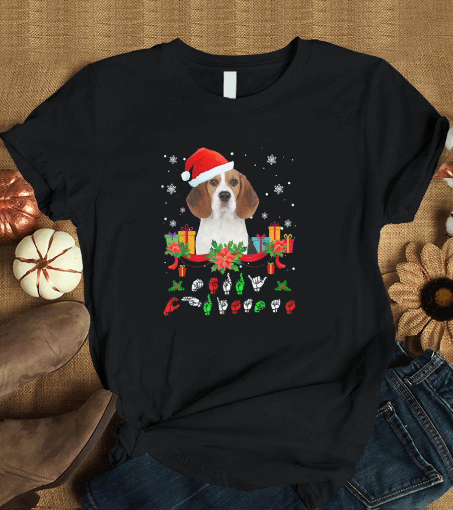 Merry Christmas Beagle American Sign Language Santa Hat Snowflakes Presents T-Shirt