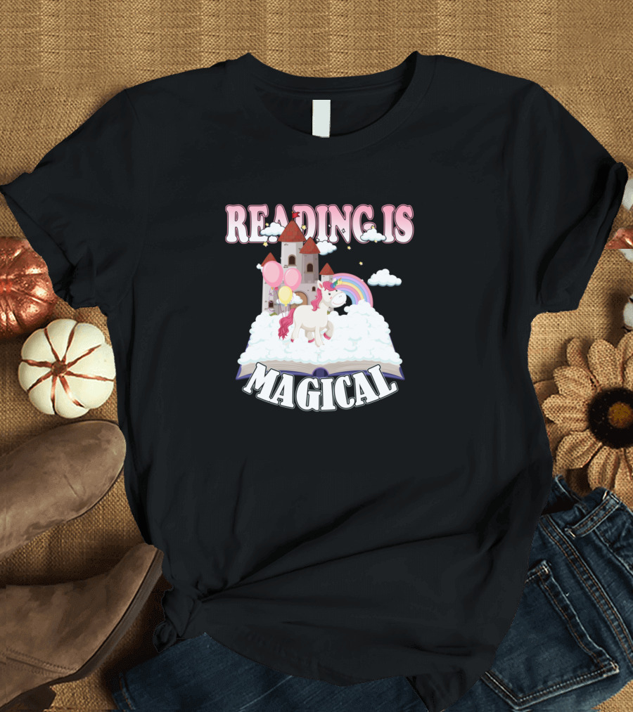 Reading Is Magical Book Lover Unicorn Castle Rainbow T-Shirt