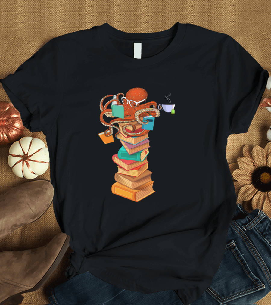 Reading Octopus Tea Coffee Lover Bookworm Books Glasses T-Shirt