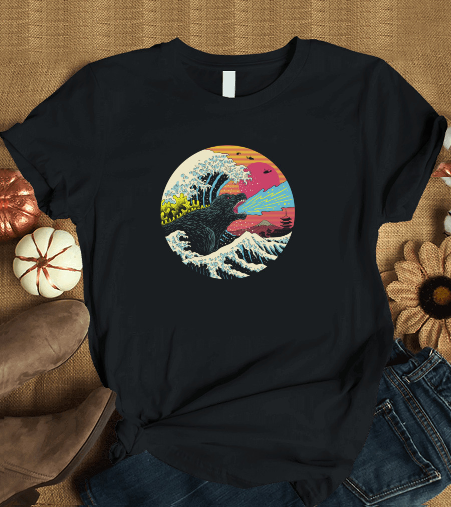 Retro Wave Kaiju Great Wave Sea Fire Monster Ocean Scene T-Shirt