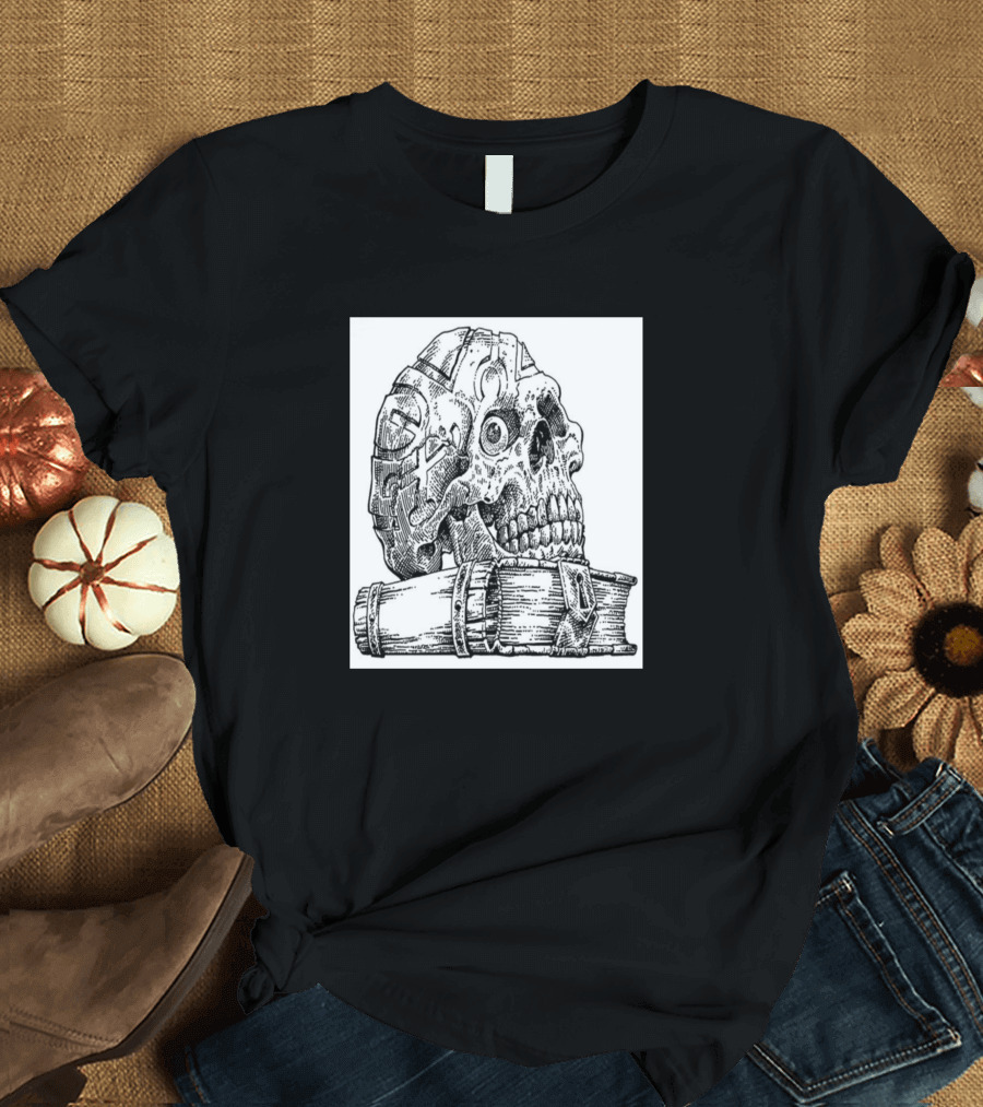 Skullcap Ancient Skull on Books Engraving T-Shirt