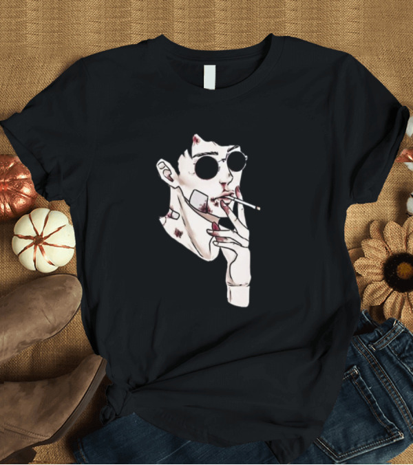 T-Shirt: Smoke Man Sunglasses Cigarette Bruised Face And Hands T-Shirt Smoke Man Sunglasses Cigarette Bruised Face And Hands T-Shirt