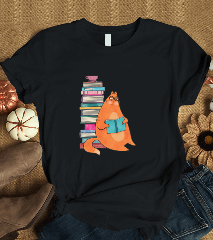 Orange Cat Reading Next to Towering Stack of Books and Teacup T-Shirt