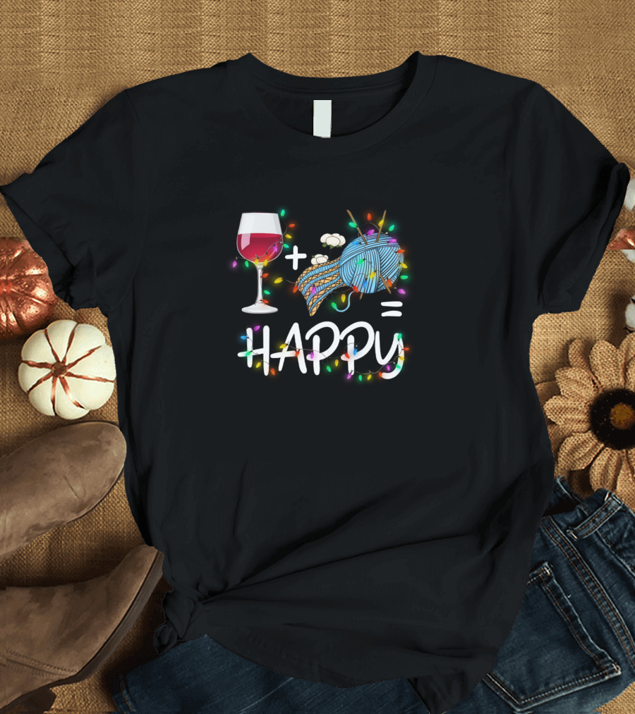 Wine Yarn Happy Enthusiast Lights Holiday Fun T-Shirt