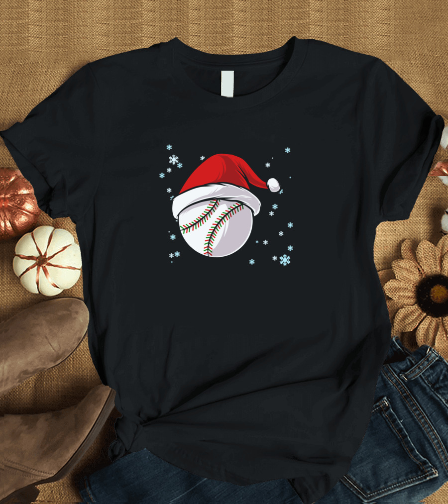 Christmas Baseball Ball Santa Hat Snowflakes T-Shirt