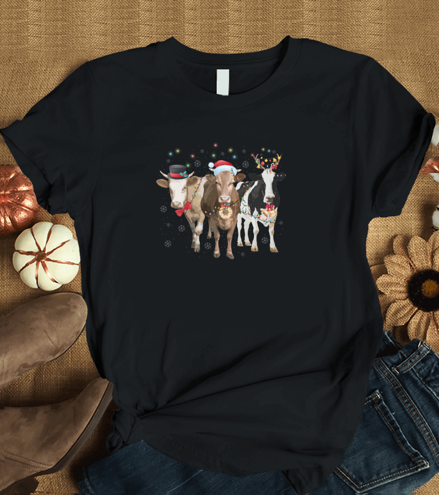 Cow Reindeer Hat Santa Christmas Light Funny Cow Trio T-Shirt