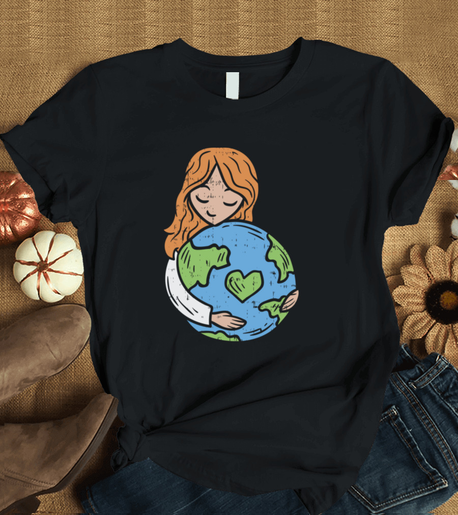 Cute Girl Hug Heart Planet Earth Day Save Environment T-Shirt