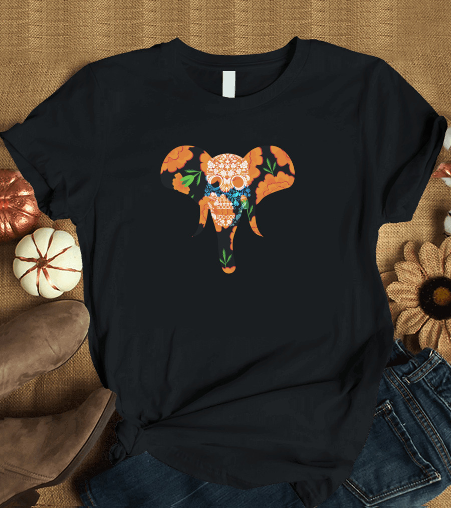 Day Of Dead Elephant with Sugar Skull and Orange Roses T-Shirt