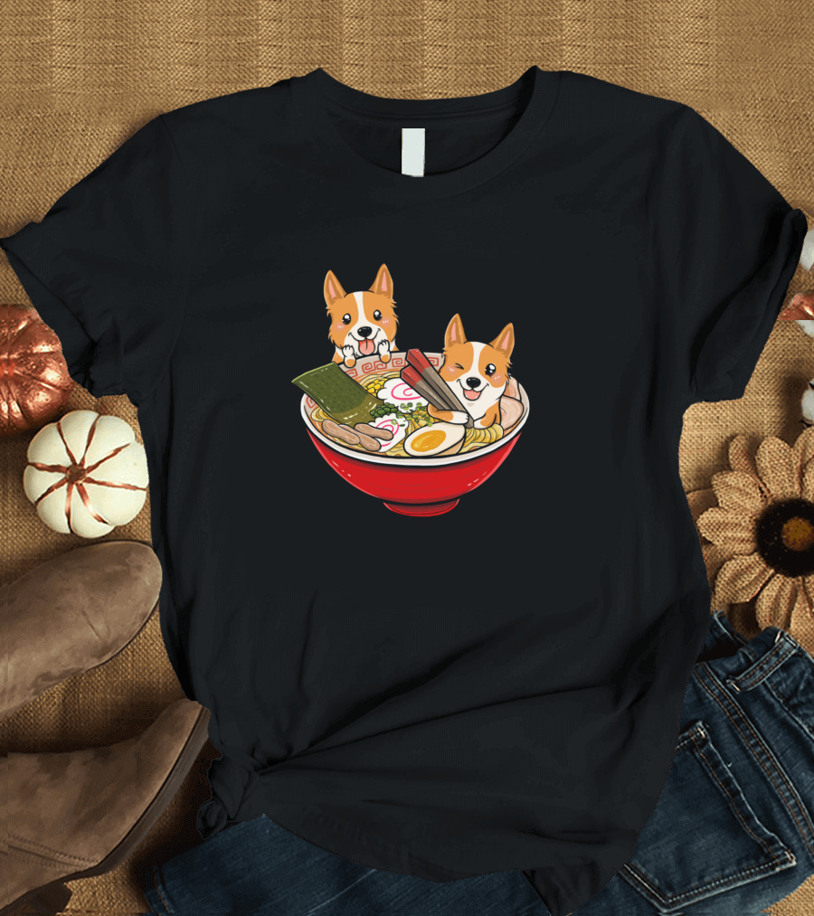 Funny Corgi Dogs in Japanese Ramen Bowl T-Shirt