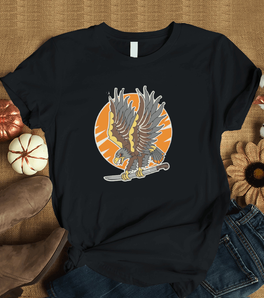 Feathered Predator Eagle Grasping Knife Against Orange Sunburst T-Shirt