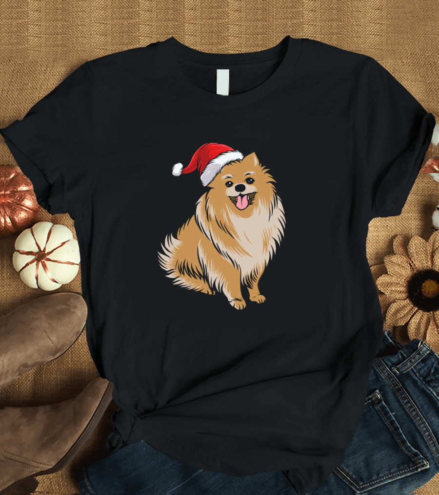 Pomeranian Dog in Santa Hat Funny Christmas Holiday T-Shirt