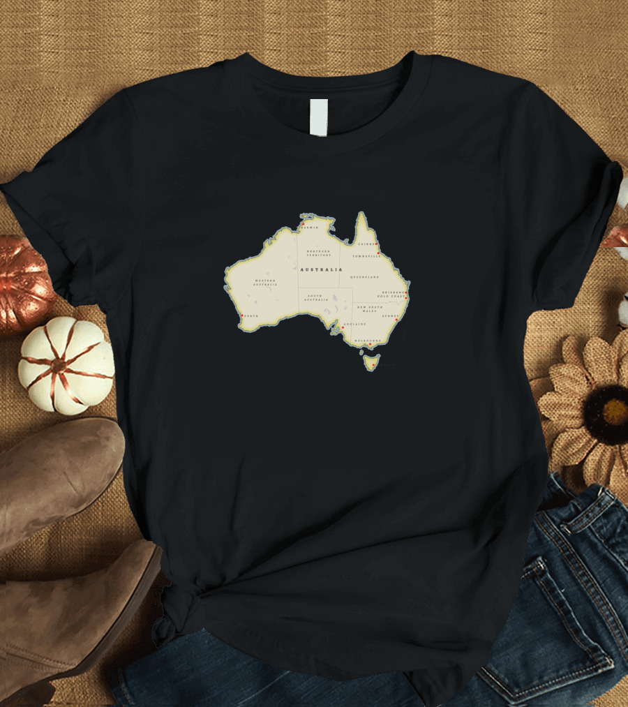 Australia Map with Cities Brisbane Adelaide Melbourne Sydney Darwin Canberra T-Shirt