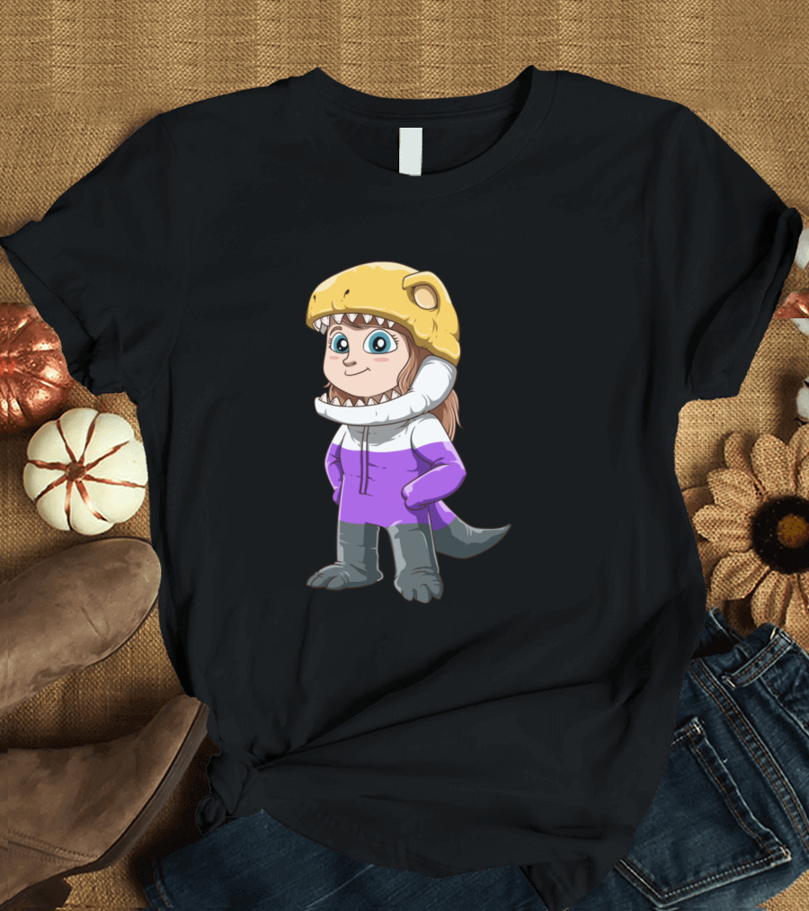 Nonbinary Rex in Dinosaur Hoodie with Pride Colors T-Shirt