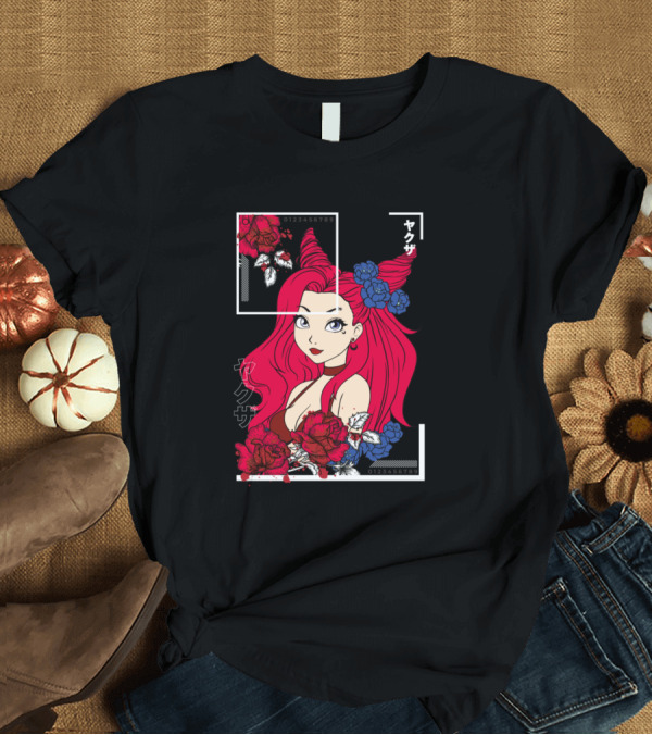 T-Shirt: Japanese Yakuza Anime Girl with Red and Blue Flowers T-Shirt Japanese Yakuza Anime Girl with Red and Blue Flowers T-Shirt