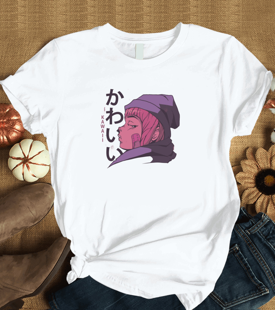 Kawaii Japanese Girl Anime Waifu Kanji Black Beanie Moon T-Shirt