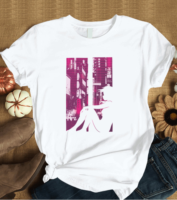 T-Shirt: Japanese Cityscape Neon Vaporwave Girl T-Shirt Japanese Cityscape Neon Vaporwave Girl T-Shirt
